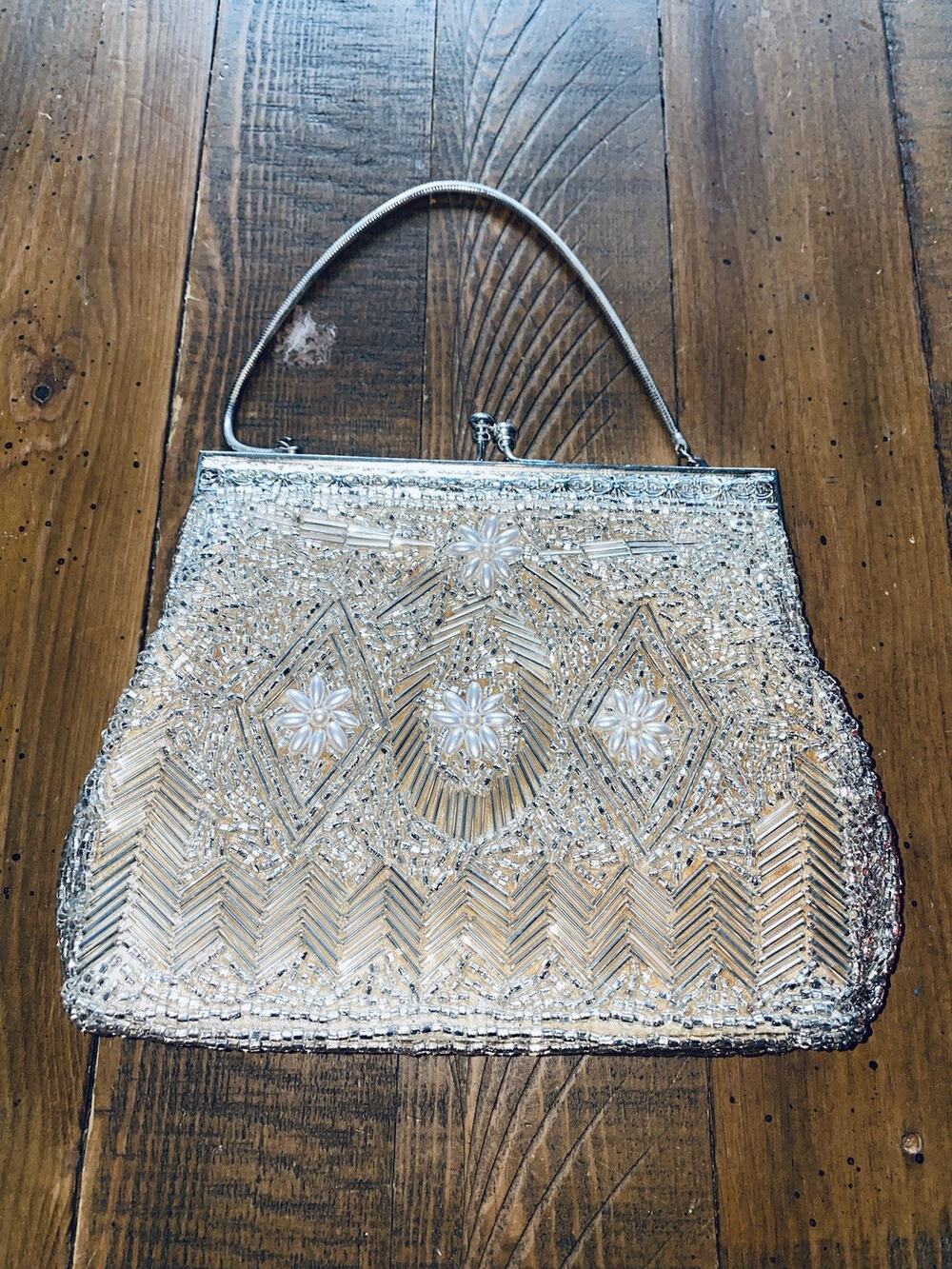 1960s Silver & White Hand Beaded Evening Bag Clutch Chain Handle Vintage Purse